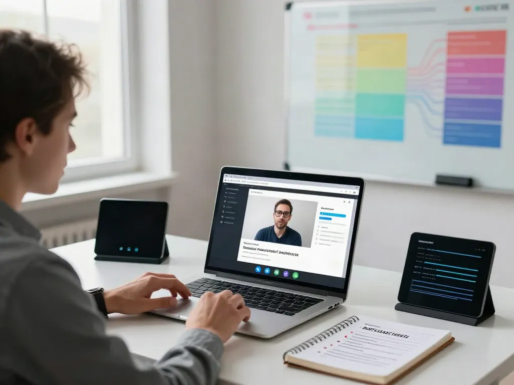 Tech professional discussing deepfake protected Online Video Calls in a secure workspace.