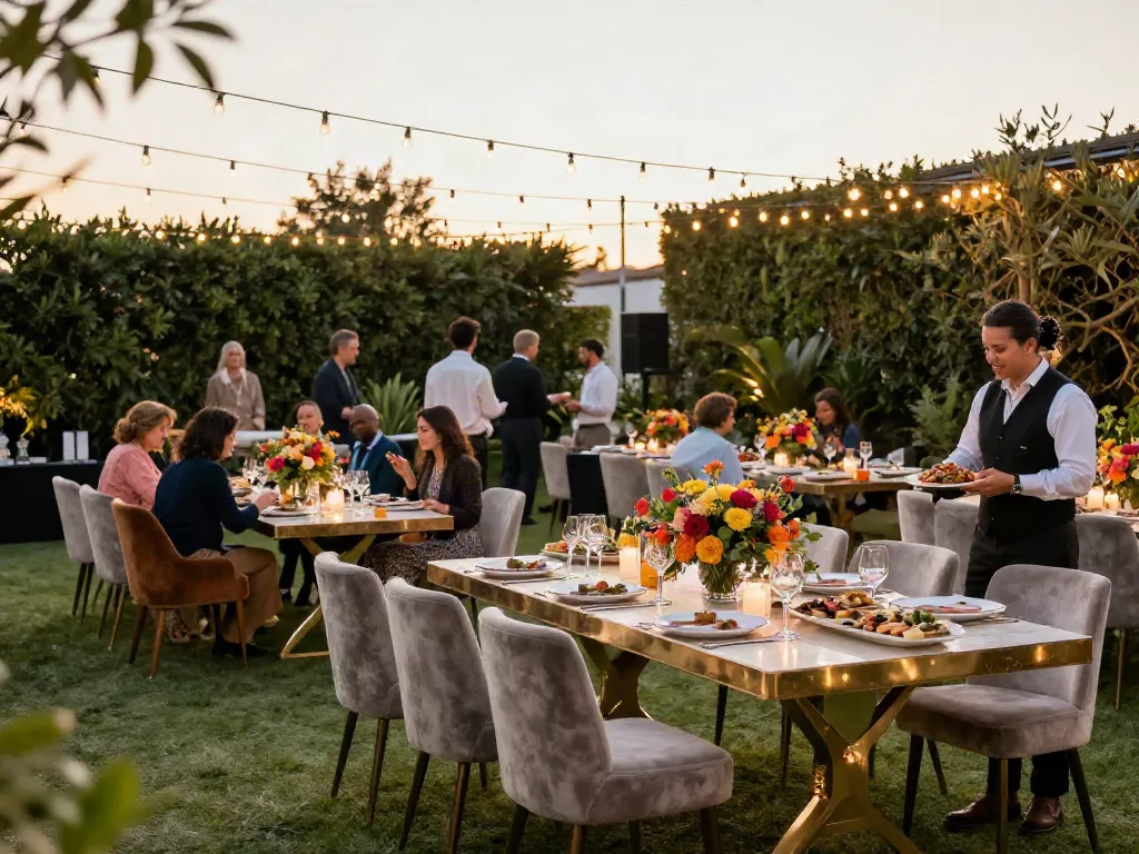 Elegant outdoor event furniture rental setup with luxurious tables and chairs under twinkling lights.