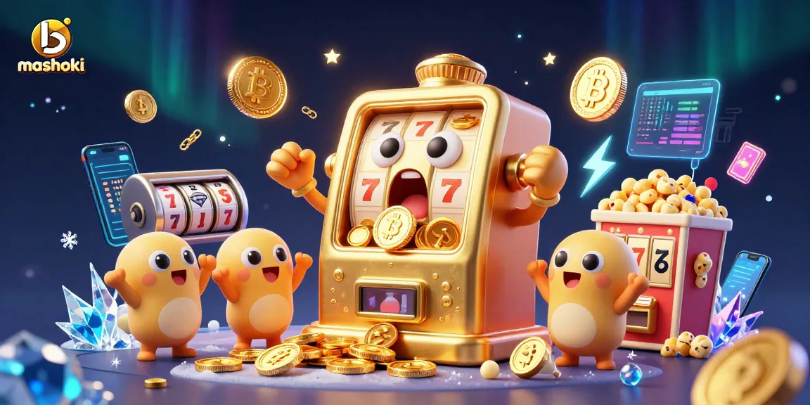 Spin the mashoki slot machine to win big as coins and crypto symbols overflow in playful display.