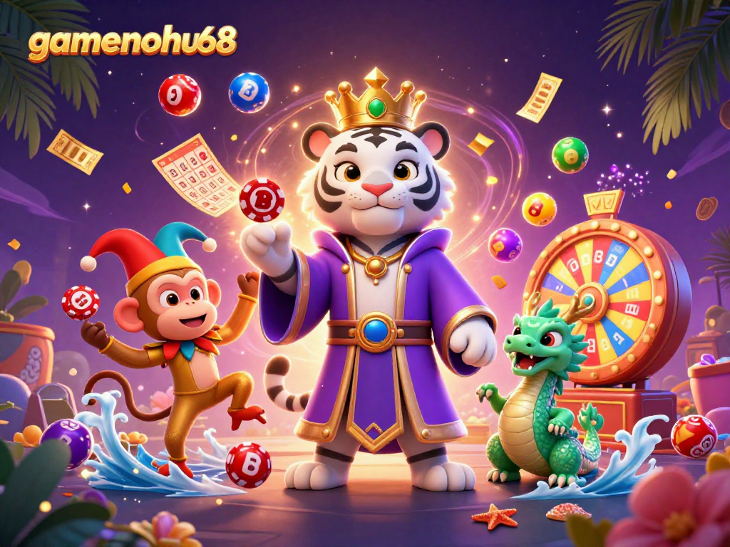 Engage in exciting gaming adventures at gamenohu68 with vibrant casino elements and enchanting characters.