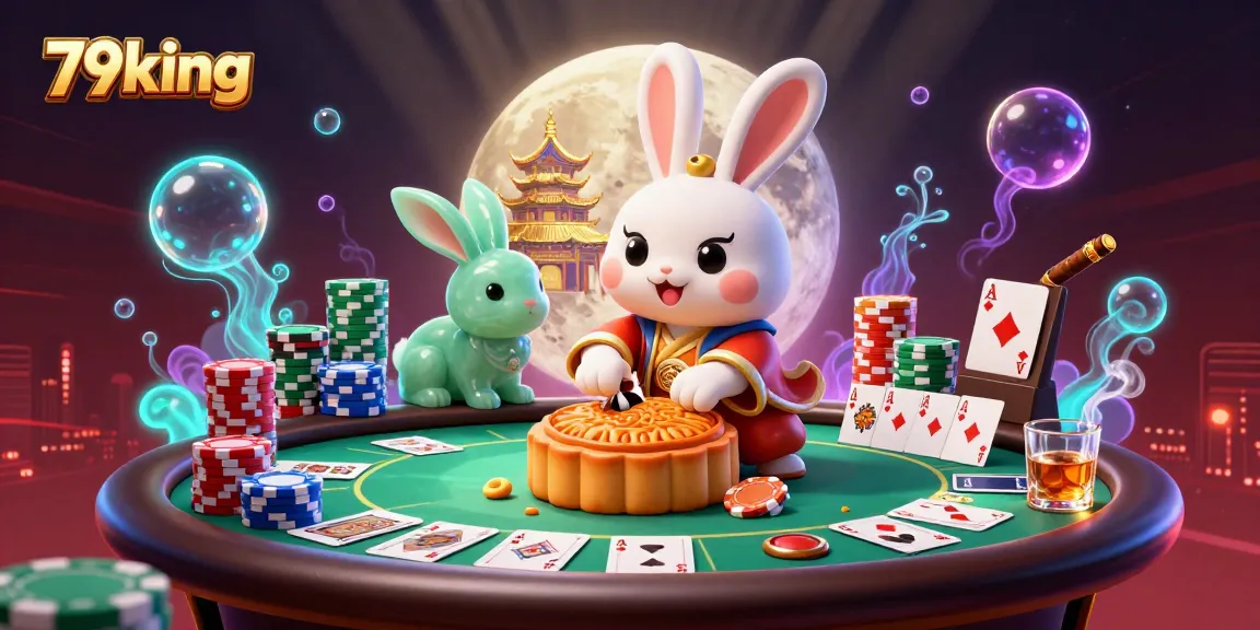 Engage with 79king's vibrant casino scene featuring a moon rabbit, poker chips, and dynamic gaming elements.