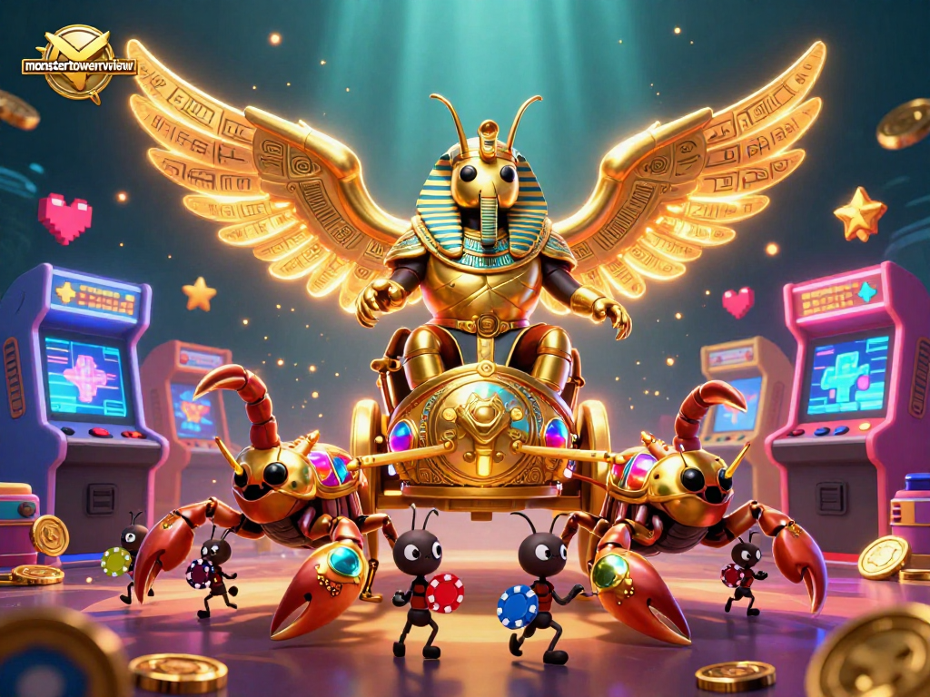 Engage with monstertowerreview in a vibrant 3D casino scene featuring epic characters and gaming elements.