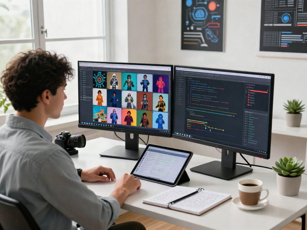 AI Detector workspace showing data scientist analyzing AI-generated images with advanced software tools in a bright office.