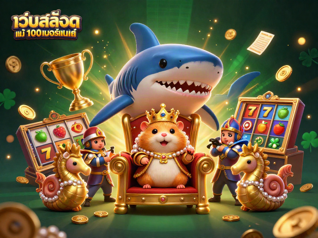 A dynamic illustration of a golden hamster king on a shark tooth throne surrounded by slot reels representing เว็บสล็อต แท้ 100 เปอร์เซ็นต์.