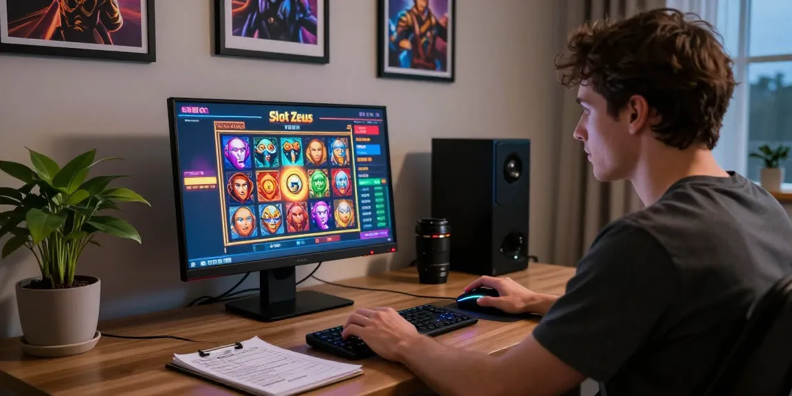 Excited player engaging with situs raja Slot Zeus online game interface in a modern casino home setting.