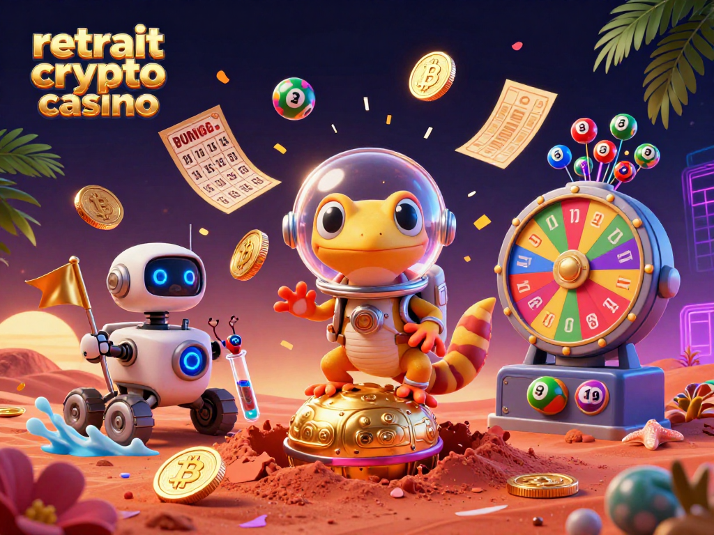 Retrait crypto casino : animation stylisée du gecko martien découvrant un casino doré sur Mars