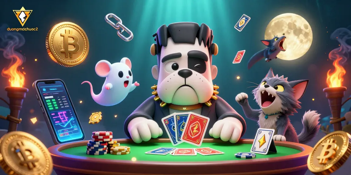 Experience thrilling gameplay with duongmatchuoc2 as characters deal cards surrounded by glowing crypto coins.
