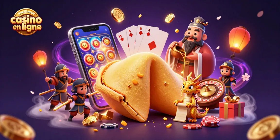 Illustration dynamique représentant un meilleur casino en ligne avec un dragon sage et un gâteau de fortune.