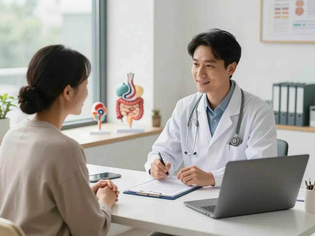 Patient discussing irritable bowel syndrome treatment with a gastroenterologist in a welcoming doctor's office.