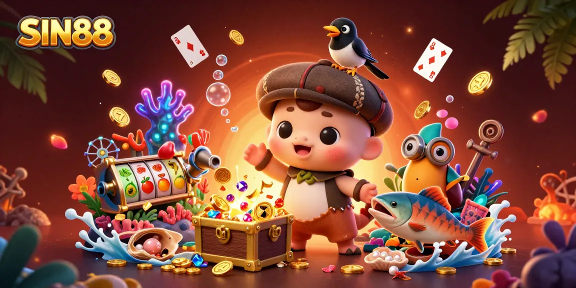 SIN88 captivates with a vibrant 3D casino scene featuring a playful Nessie and treasure.