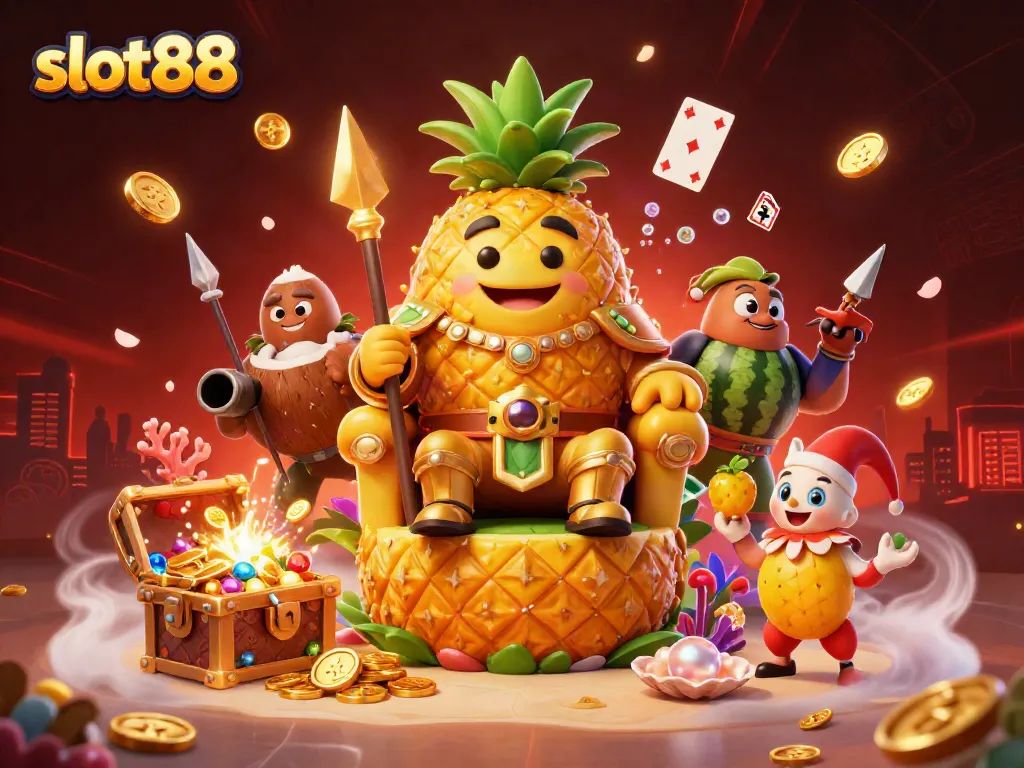 Engage in exciting gameplay at slot88 with a golden pineapple king and vibrant cartoon elements.