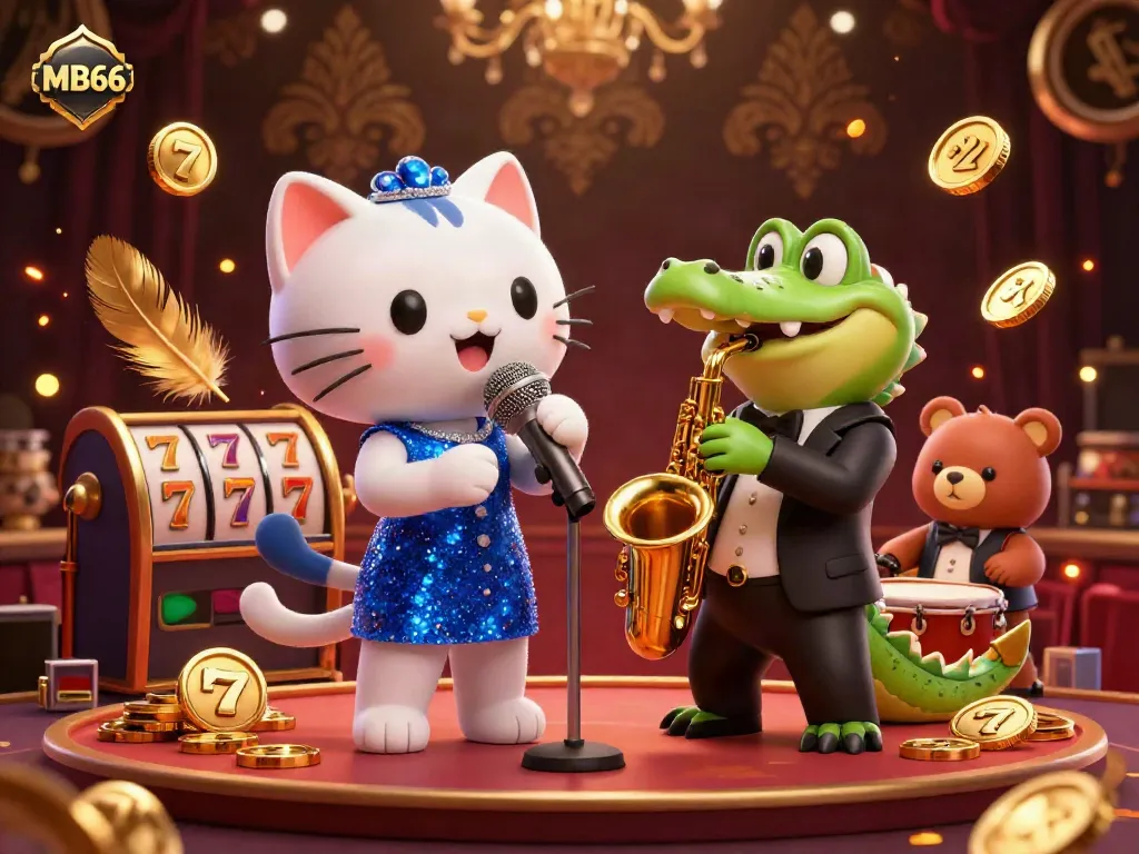 Join the fun at MB66 with energetic characters and vibrant casino elements in this lively illustration.