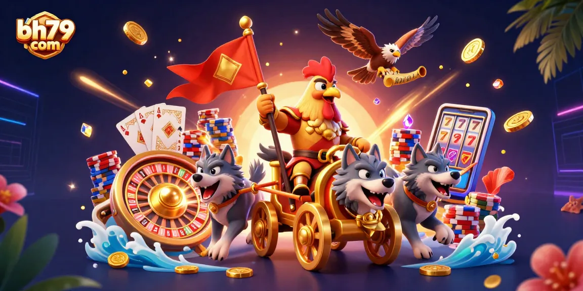 Engage with thrilling gameplay at bh79 com featuring a cartoon rooster warlord and casino elements.