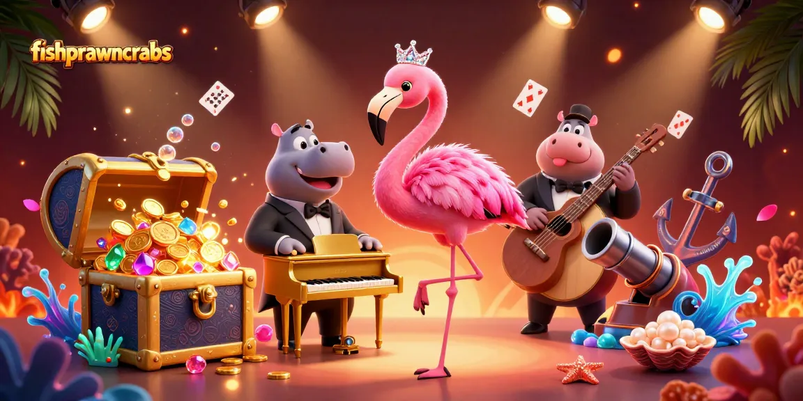 Engage with fishprawncrabs as a flamingo entertainer enlivens the gaming scene with treasure and vibrant colors.
