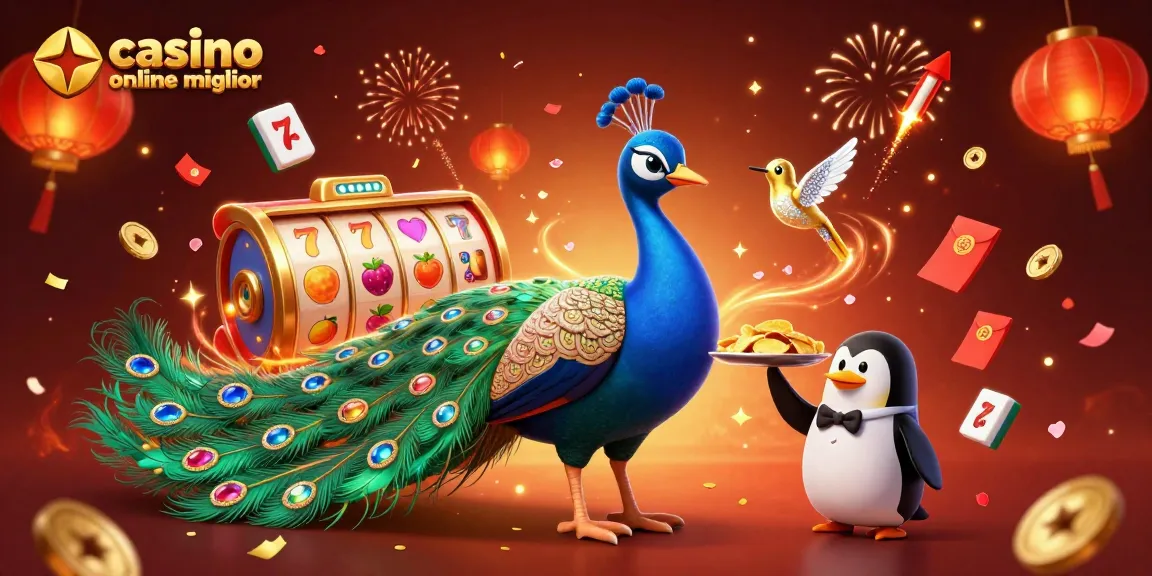 Gioca ai migliori casino online con un pavone aristocratico e una scena dinamica di vincite dorate.