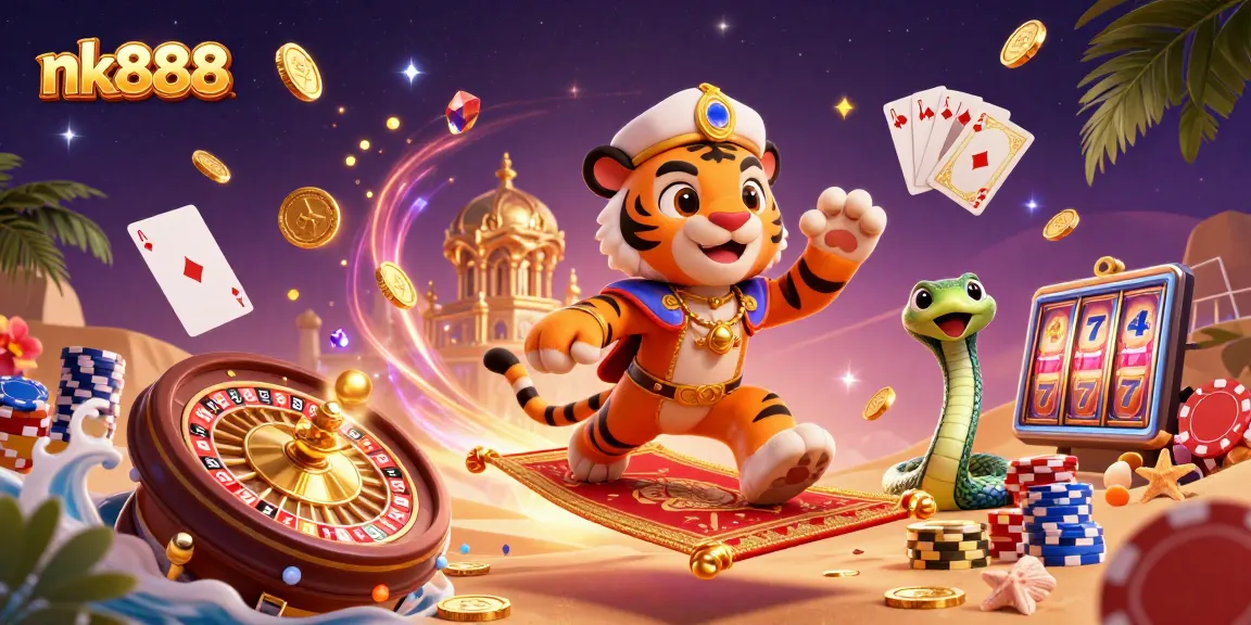 Play exciting games at nk888, featuring a tiger sultan on a carpet of poker chips amidst dazzling casino elements.