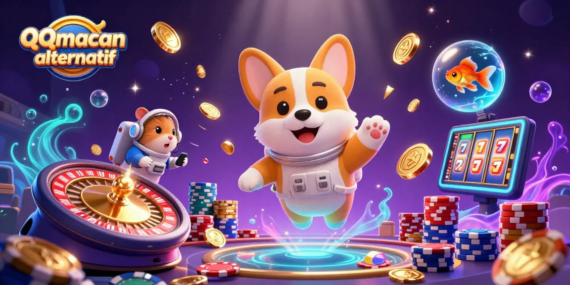 Engage with the qqmacan alternatif scene showcasing a playful astronaut corgi in a vibrant casino journey.