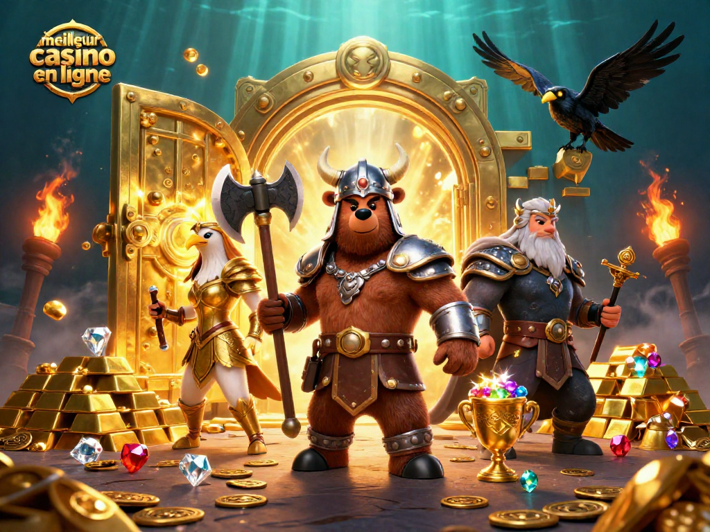 Découvrez le meilleur casino en ligne avec une scène fascinante d'un ours berserker viking et une aigle valkyrie.