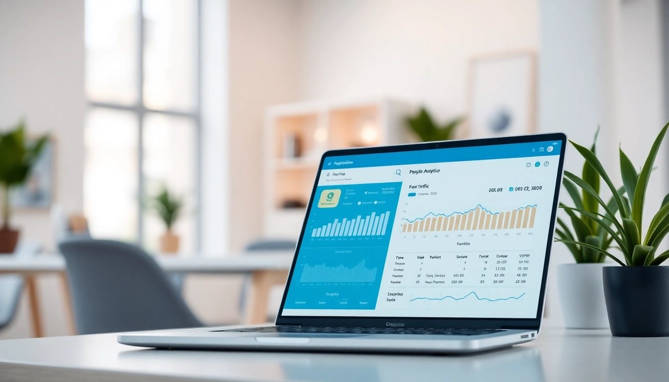Analyze foot traffic data using people counting software interface on a modern laptop.
