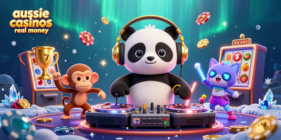 A dynamic illustration showcasing a DJ panda and friends celebrating at aussie online casinos real money, surrounded by vibrant slot game elements.