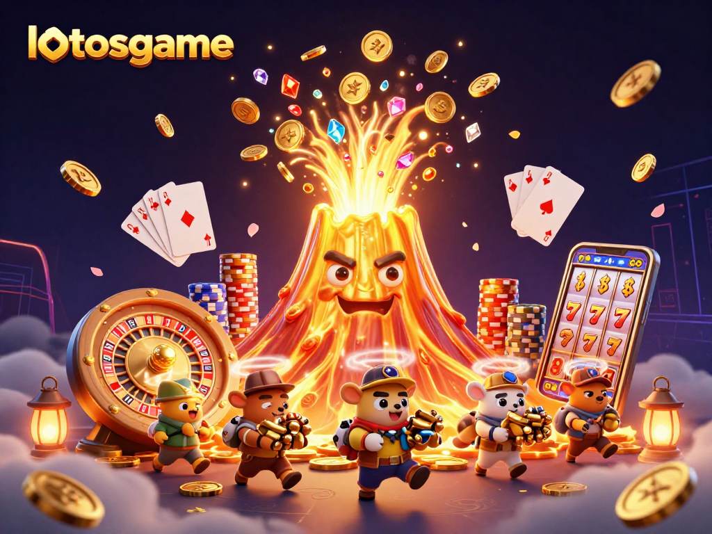 Experience the thrill of winning with lotosgame's animated treasure-filled scene featuring dynamic casino elements.