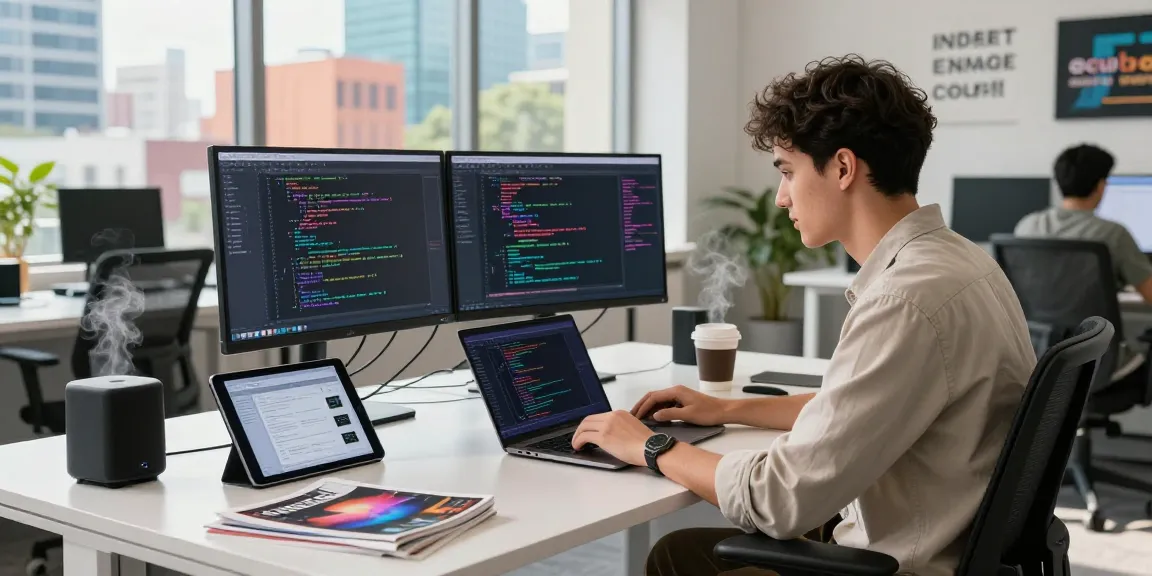 Software engineer focused on AI 18+ development in a modern workspace with dual monitors and vibrant code visuals.