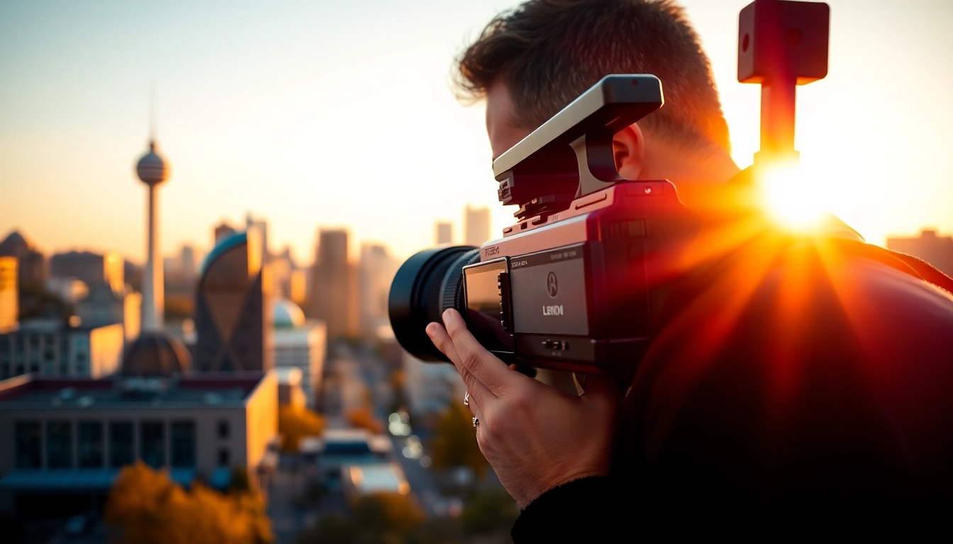 Edmonton videographer capturing a stunning cityscape at golden hour in Alberta.