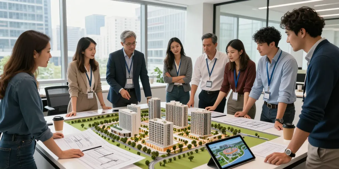 Professionals at MANTRA88 discussing commercial property development with urban model and blueprints.
