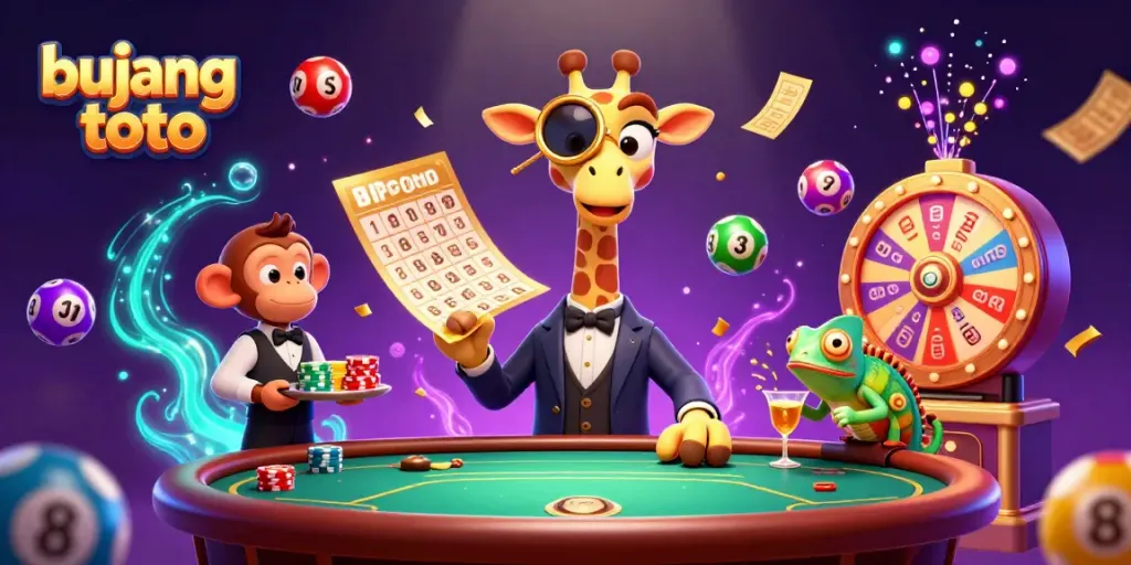 Experience the excitement of bujang toto with a vibrant, dynamic gambling scene featuring cartoon characters.