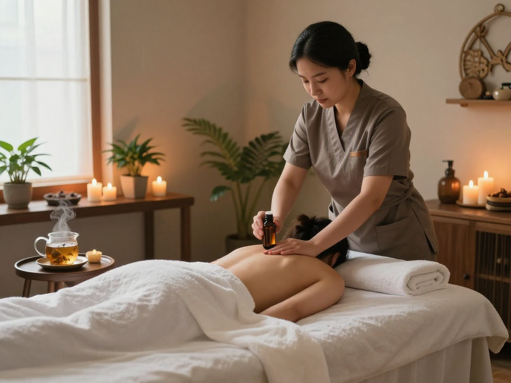 Therapist preparing aromatic oils for mantra88 massage session in a serene spa.