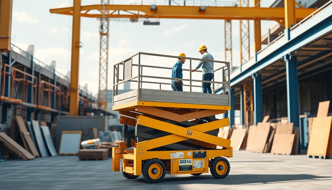 Workers operating a scissor lift for aerial tasks in a construction site environment.