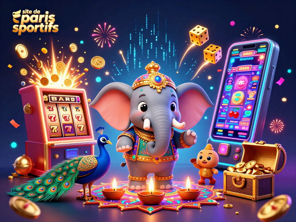 Pariez sur le site de paris sportifs avec un éléphant Diwali et un paon, illustrant une scène dynamique.