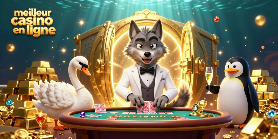 Illustration de meilleur casino en ligne avec un loup, un cygne et un pingouin dans une scène dynamique et luxueuse.