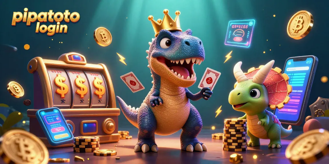 Engage in exciting gambling with pipatoto login while T-Rex shuffles cards and stacks golden chips in a vibrant scene.
