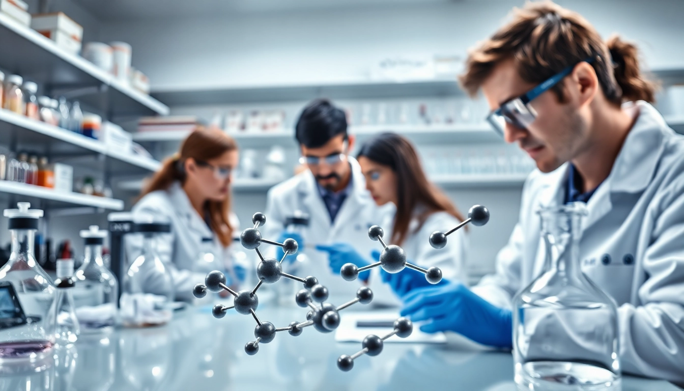 Analyze kimera chems in a laboratory setting with researchers and equipment.