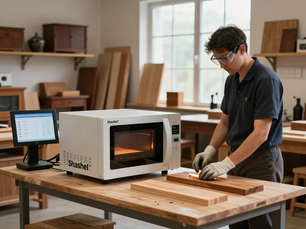 Shashel® technician operating microwave device for woodworm elimination in a workshop setting.