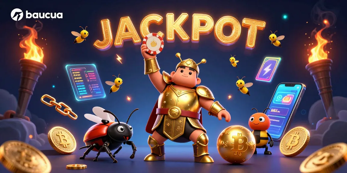 Baucua jackpot celebration scene featuring a gladiator beetle and vibrant crypto coins.
