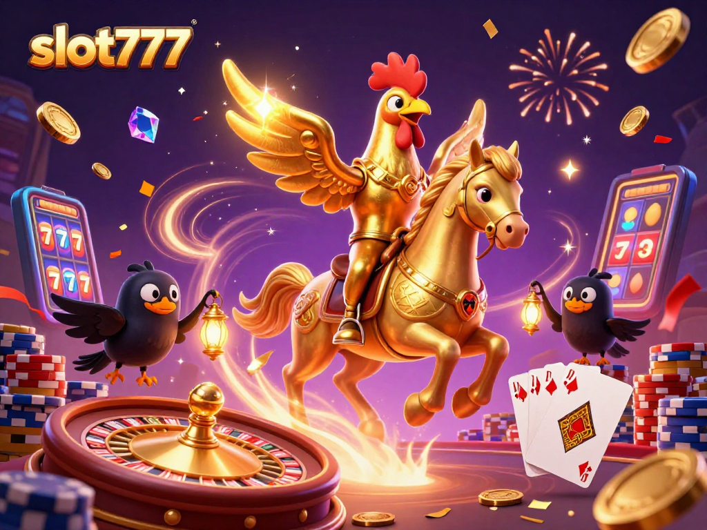 Win big at slot777 with dynamic golden rooster illustration in a magical casino setting.