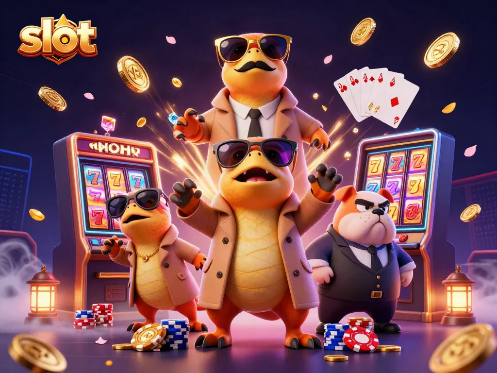 Spin slots with cartoon raptors in a trench coat at a VIP casino lounge, vibrant details.