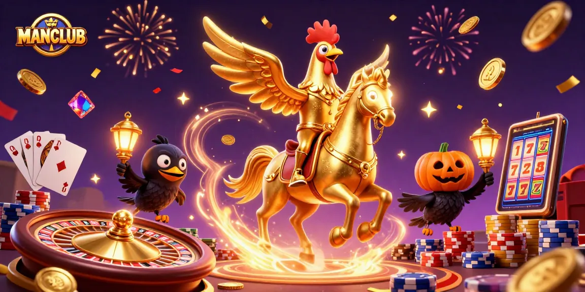 Experience the thrill at MANCLUB's dynamic gaming scene with a golden rooster and his companions.