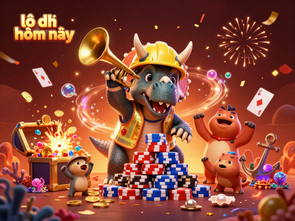 Cheerful 3D representation of lô đề hôm nay with festive characters celebrating amidst a vibrant casino backdrop.