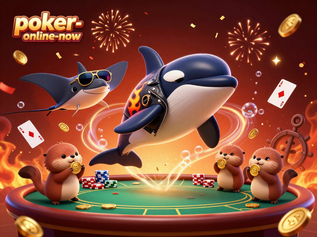 Poker-online-now brings excitement with a dynamic casino scene featuring colorful characters and poker elements.