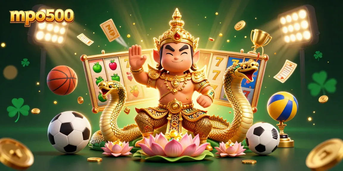 Engage with mpo500's exciting slot gameplay illustrated by a friendly Thai temple guardian and rich gaming elements.
