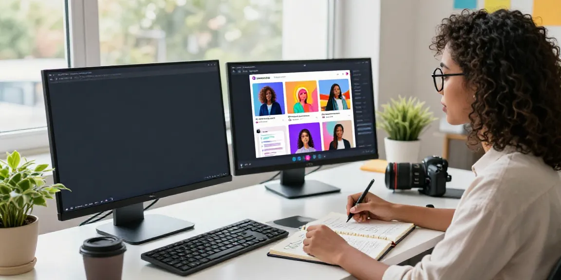 AI Instagram post ideas generator interface on monitor with a creative professional.
