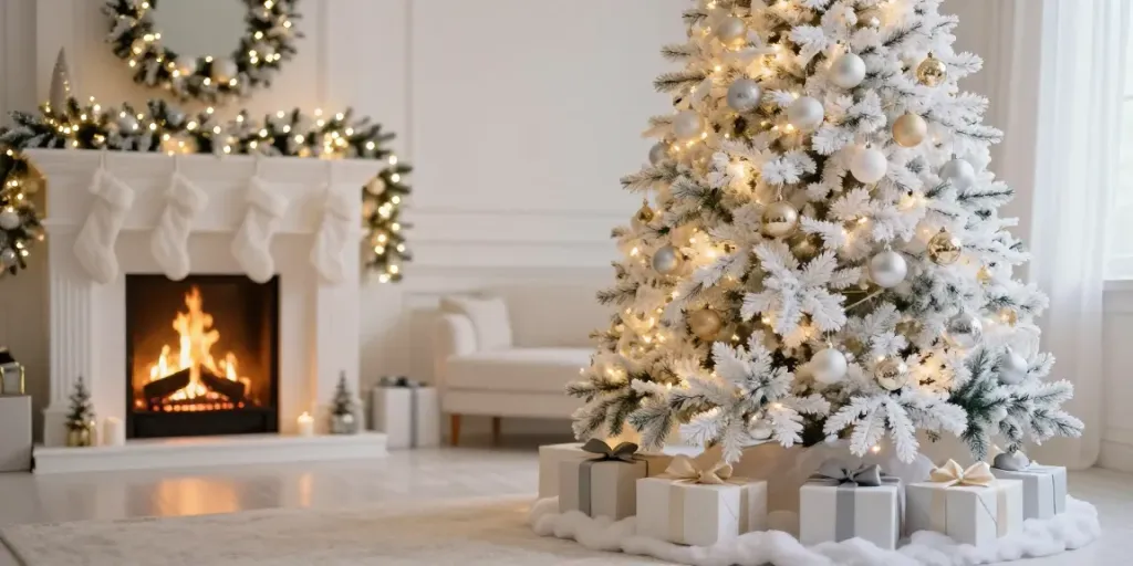 Decorated white Christmas tree with lights in a warm living room