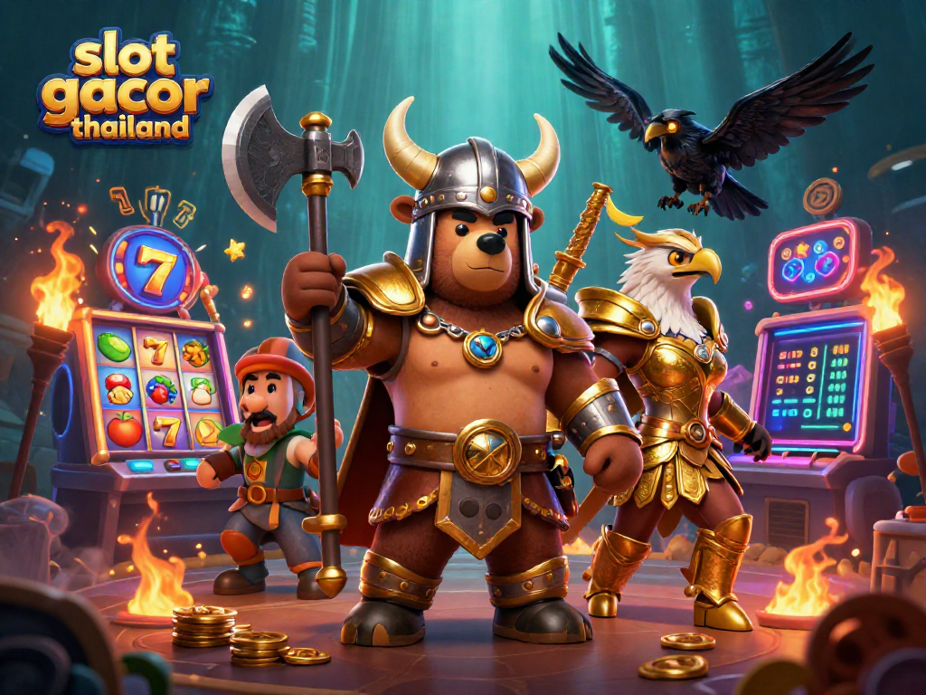Spin the reels in the vibrant slot gacor thailand scene with Viking characters and neon elements.