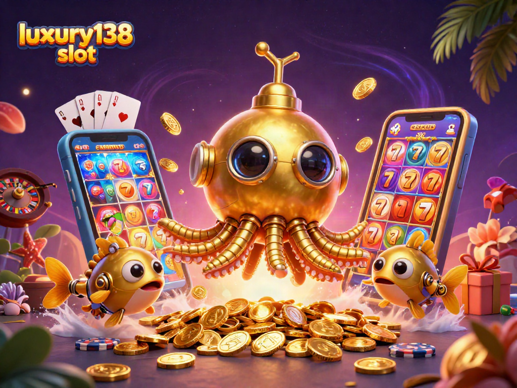 Mainkan luxury138 slot dalam ilustrasi megah dengan banyak elemen kasino.