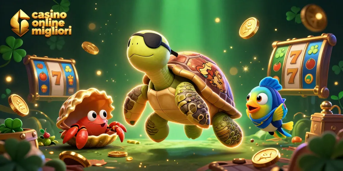 Gioco nei migliori casinò online con questa vivace illustrazione 3D di una tartaruga pirata e simboli di gioco.