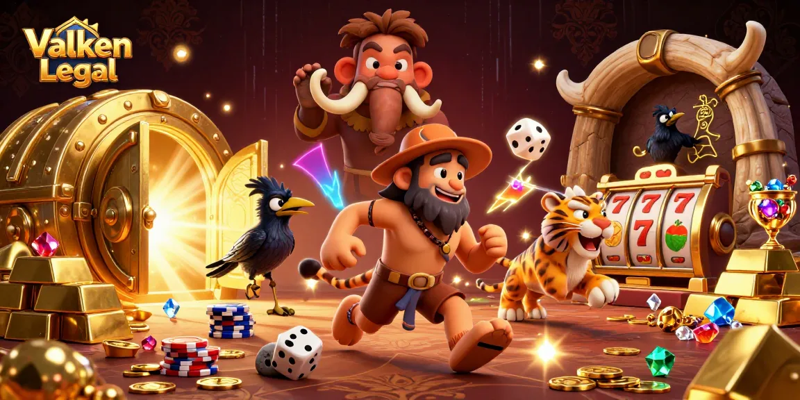 Valken Legal showcases a vibrant prehistoric casino environment featuring a clever crow, caveman, and sabertooth tiger.