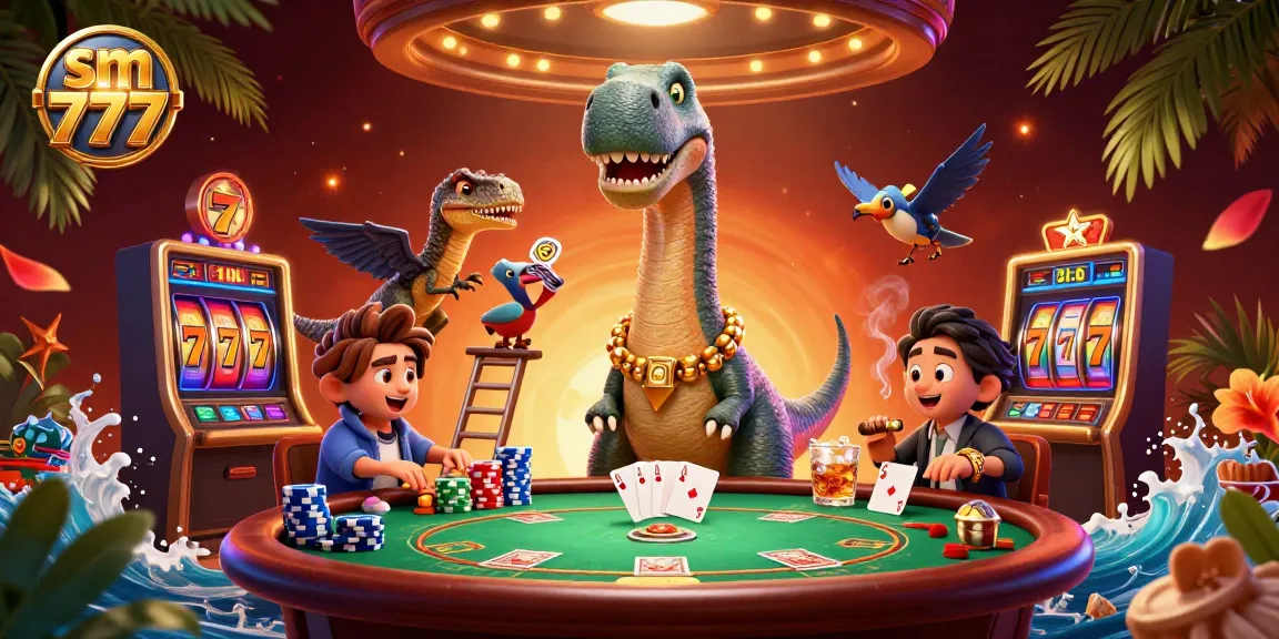 Engage with slots and poker at sm 777, featuring dynamic 3D characters in a vibrant casino scene.